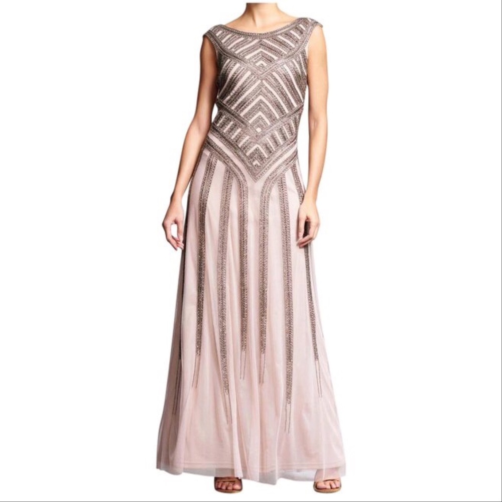 Aidan Mattox Beaded Sleeveless Boat Neck Mesh Gown